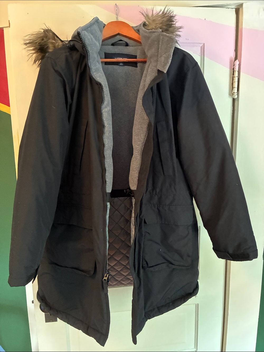 Lands' End Black Hooded Puffer Coat with Faux Fur Trim